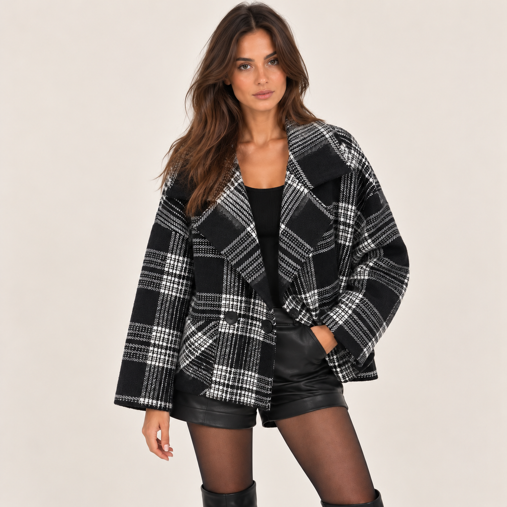 Oversized Plaid Double-Breasted Jacket in Black and White, front view
