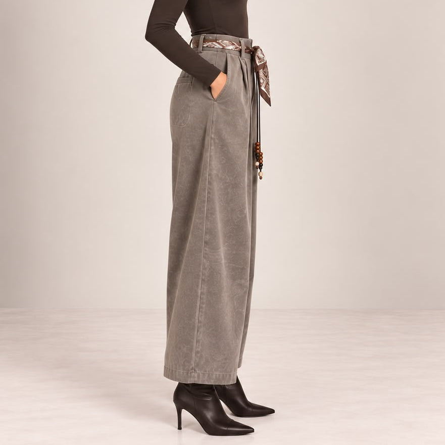 Velvet-Touch Wide-Leg Pants With Scarf Belt in Taupe, side view