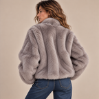 Cropped Faux Fur Zip-Up Jacket in Grey, model back view