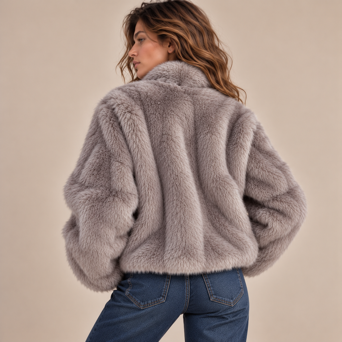 Cropped Faux Fur Zip-Up Jacket in Grey, model back view