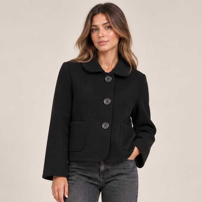 Cropped Round Collar Jacket in Black, front view
