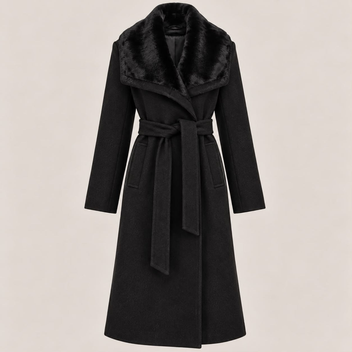 Faux Fur Collar Coat in Black, product view
