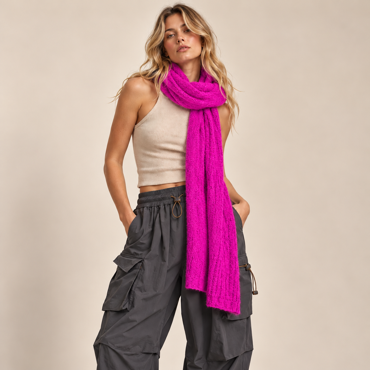 Fuzzy Ribbed Knit Scarf in Fuchsia