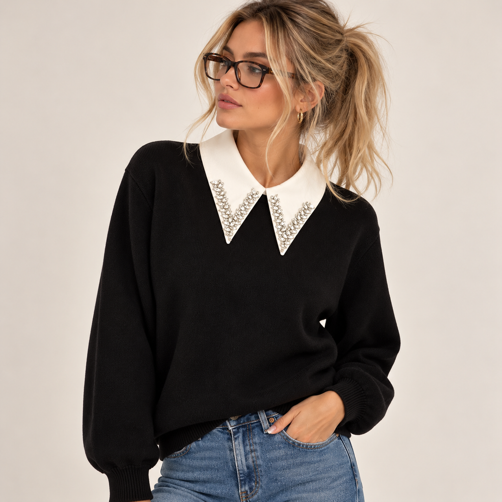 Embellished Collar Knit Sweater in Black, model view