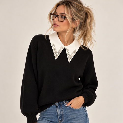 Embellished Collar Knit Sweater in Black, model view