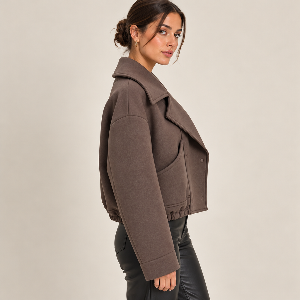 Cropped Double-Breasted Jacket With Wide Lapels in Taupe, side view