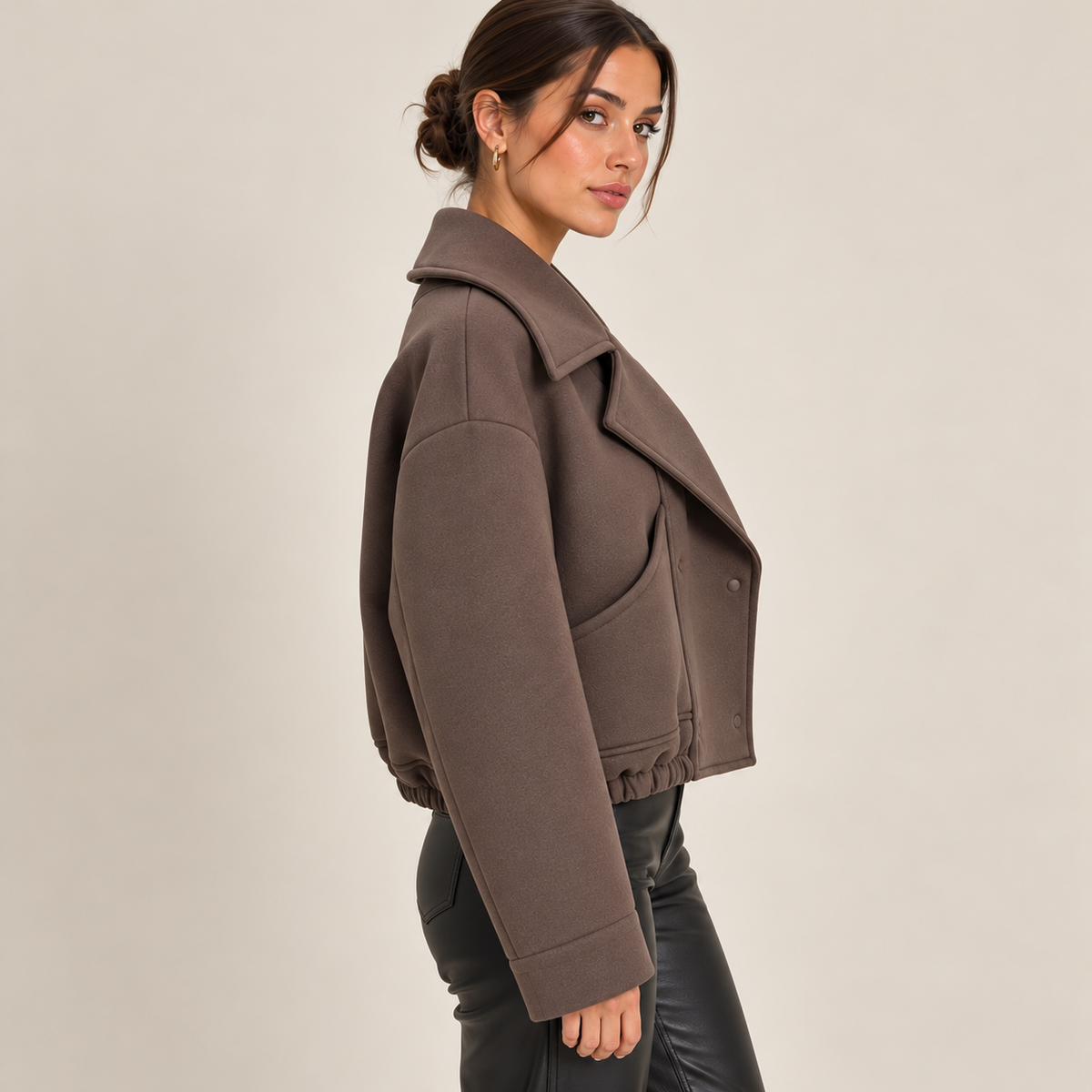 Cropped Double-Breasted Jacket With Wide Lapels in Taupe, side view