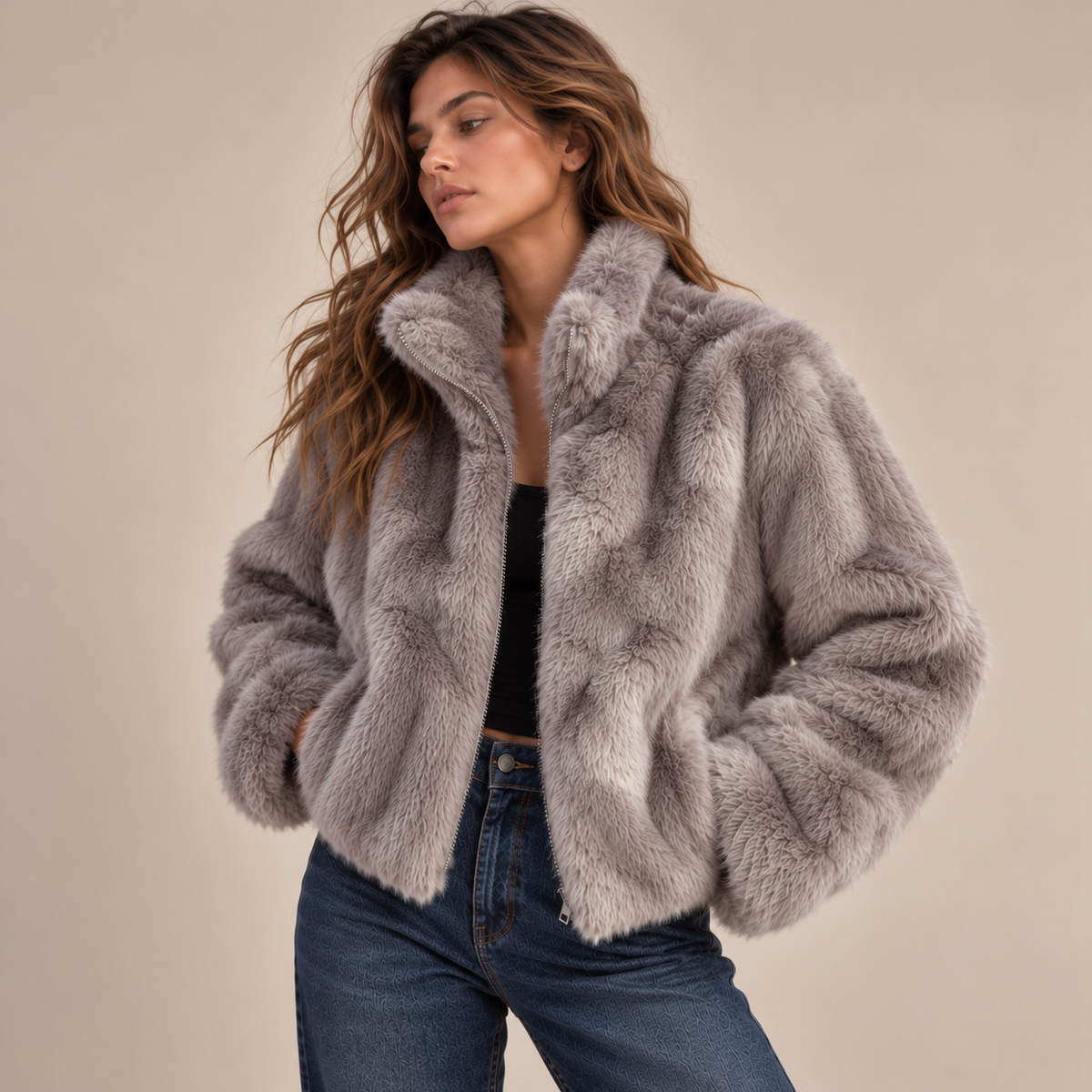 Cropped Faux Fur Zip-Up Jacket in Grey, model front view
