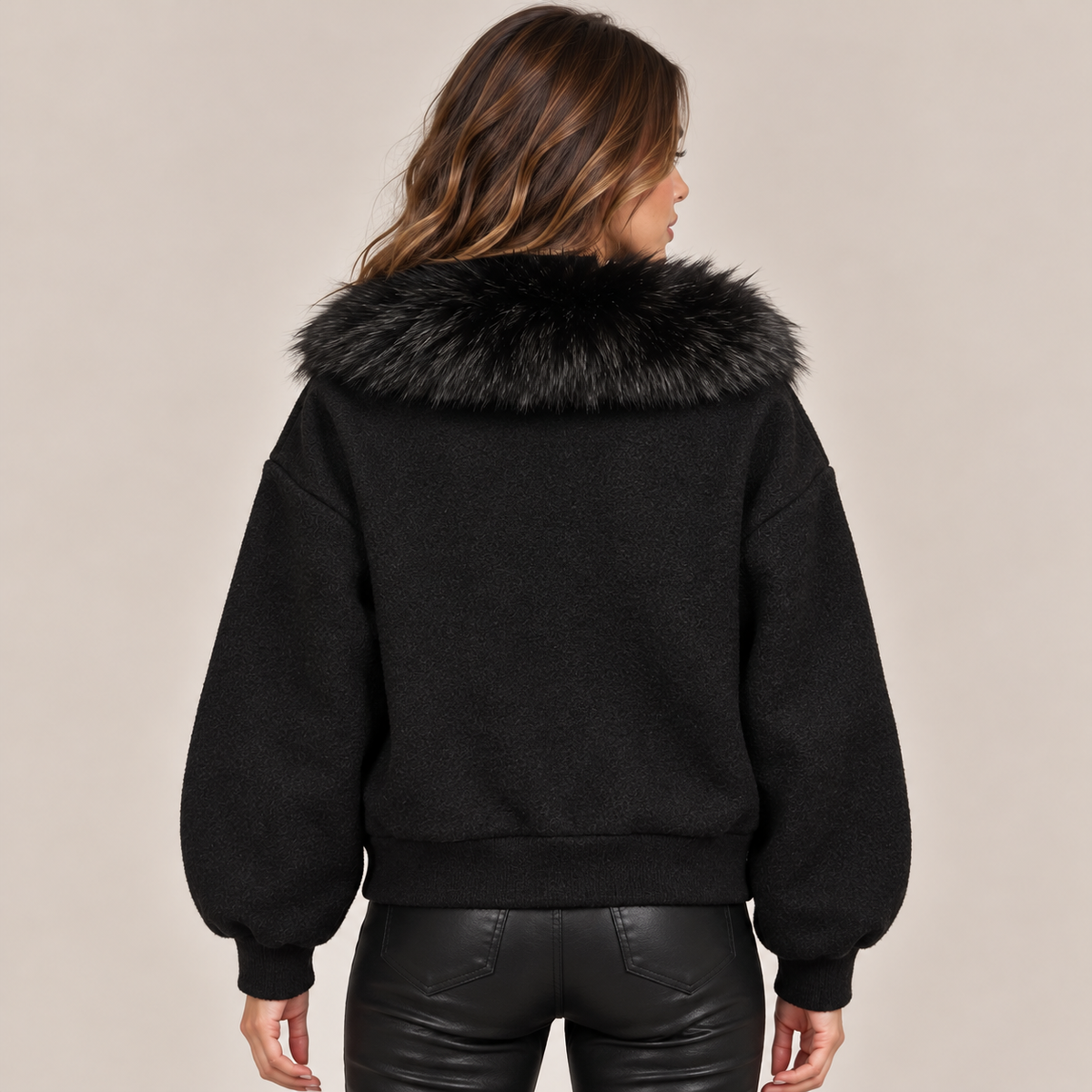 Faux Fur Collar Jacket With Leopard Pockets in Black, back view