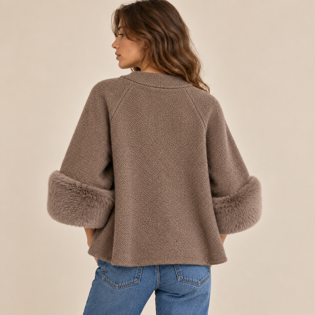 Knit Cape Jacket With Faux Fur Cuffs in Brown, model back view