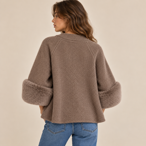 Knit Cape Jacket With Faux Fur Cuffs in Brown, model back view