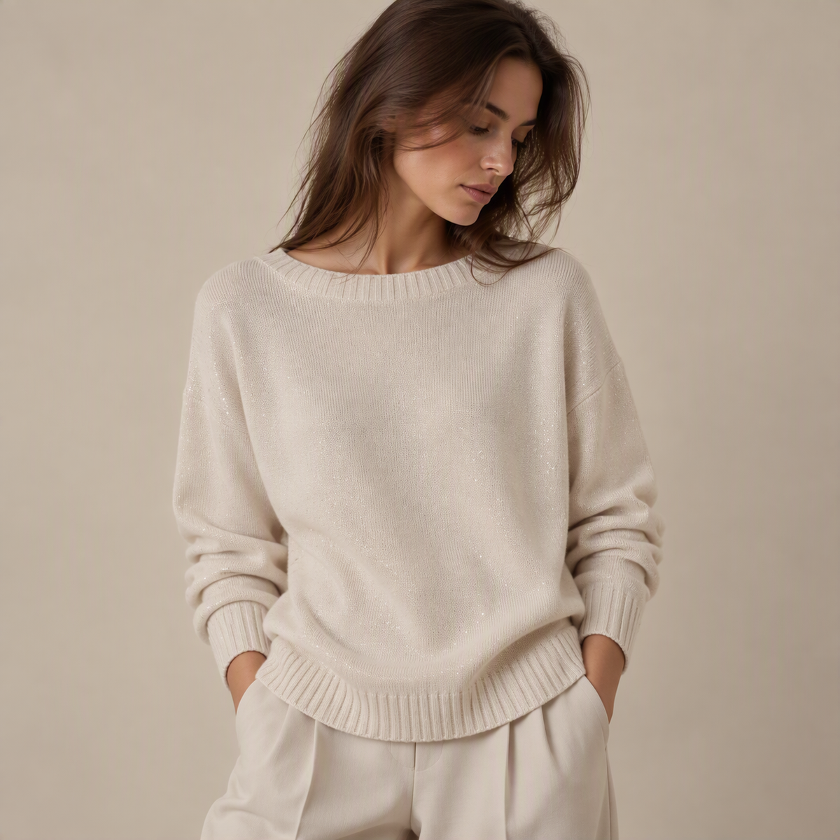 Sparkle Knit Crew Neck Sweater in Cream, model view