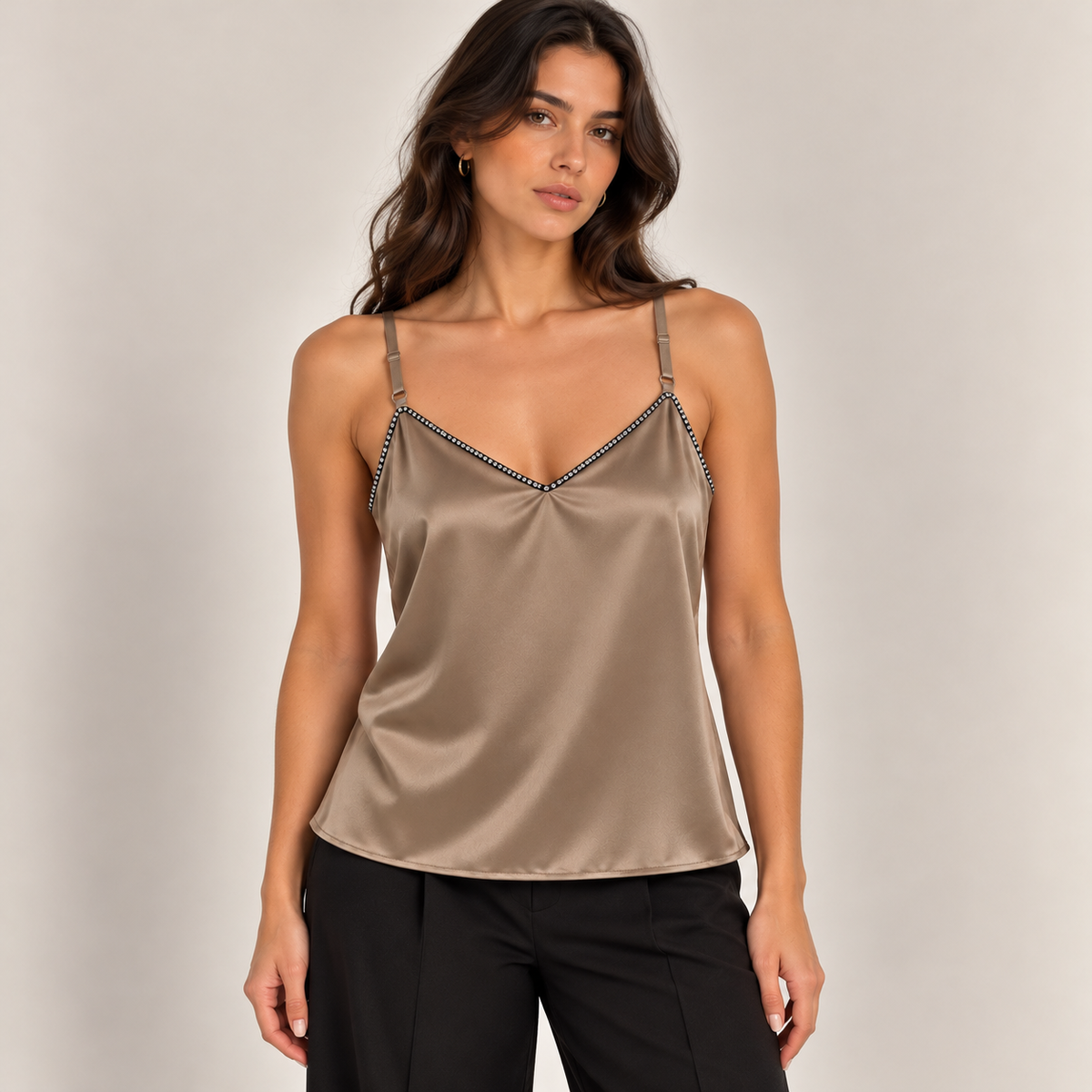 Rhinestone Trim Satin Cami Top in Taupe, front view