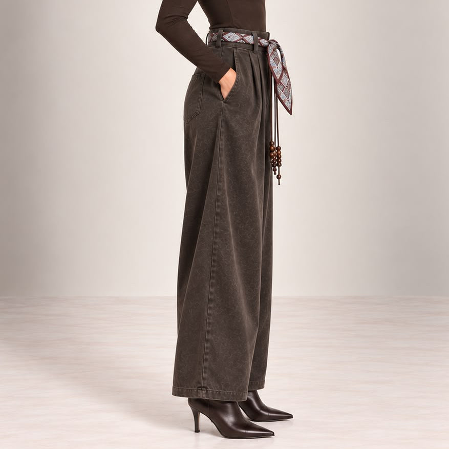 Velvet-Touch Wide-Leg Pants With Scarf Belt in Brown, side view