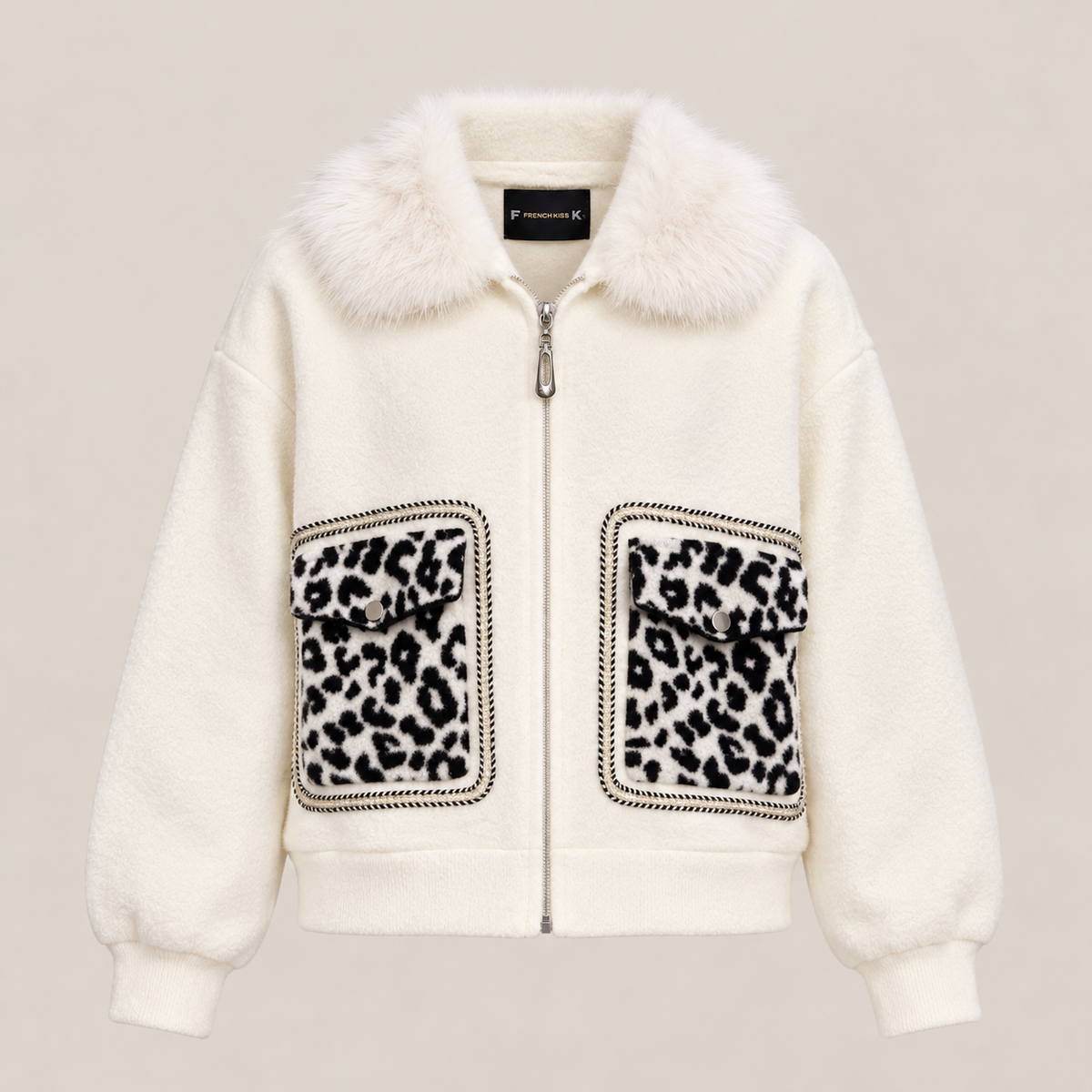 Faux Fur Collar Jacket With Leopard Pockets in White, product view