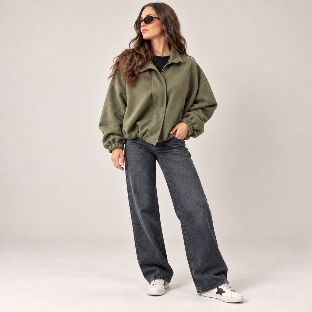 Oversized Bomber Jacket in Olive Green, front view