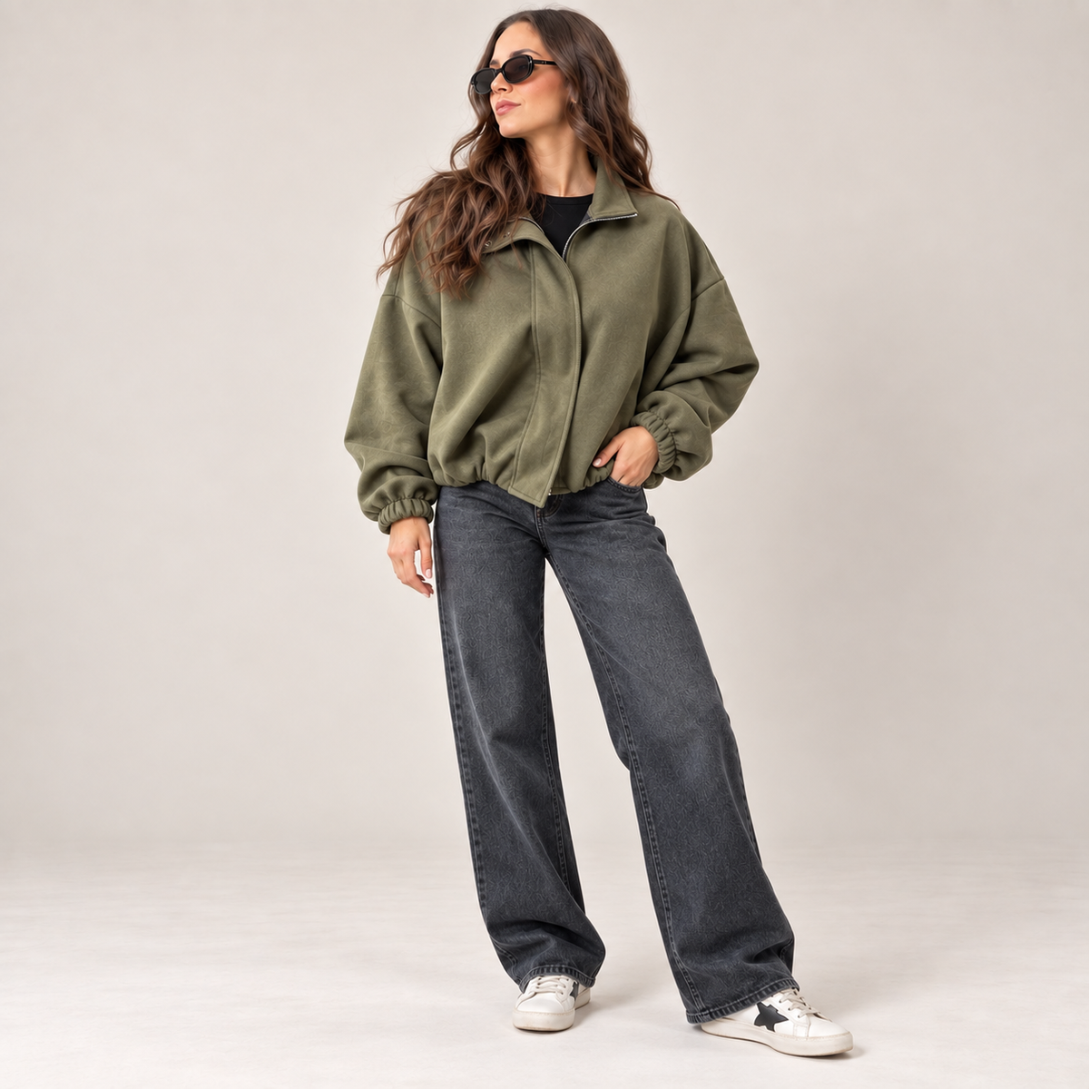 Oversized Bomber Jacket in Olive Green, front view