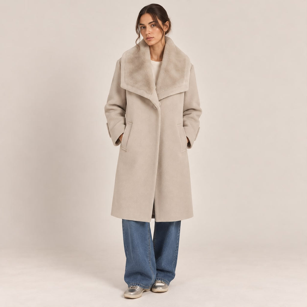 Faux Fur Collar Coat in Beige, front view