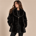 Faux Fur Shawl Collar Coat With Gold Button in Black, model front view