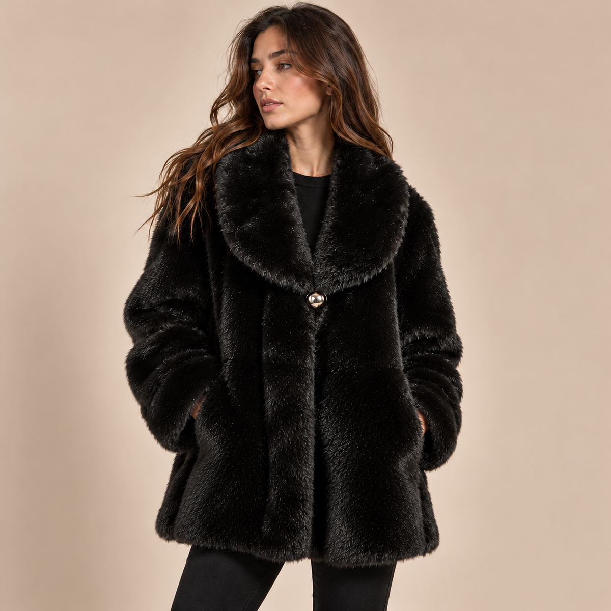 Faux Fur Shawl Collar Coat With Gold Button in Black, model front view