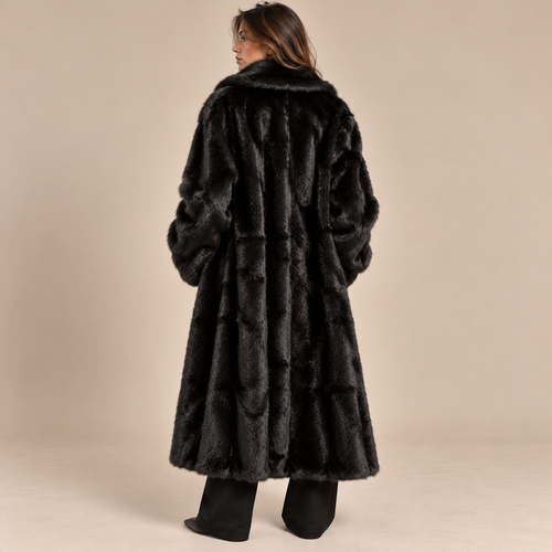 Longline Faux Fur Coat in Black, model back view