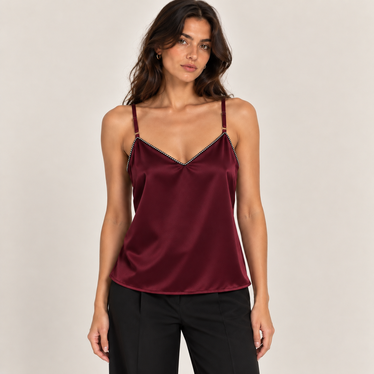 Rhinestone Trim Satin Cami Top in Burgundy, front view