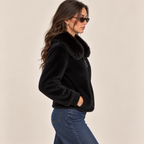 Teddy Jacket With Faux Fur Collar in Black, side view