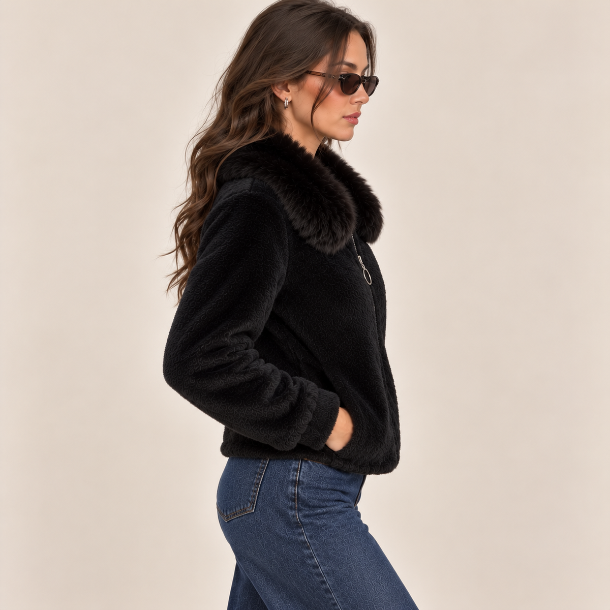 Teddy Jacket With Faux Fur Collar in Black, side view