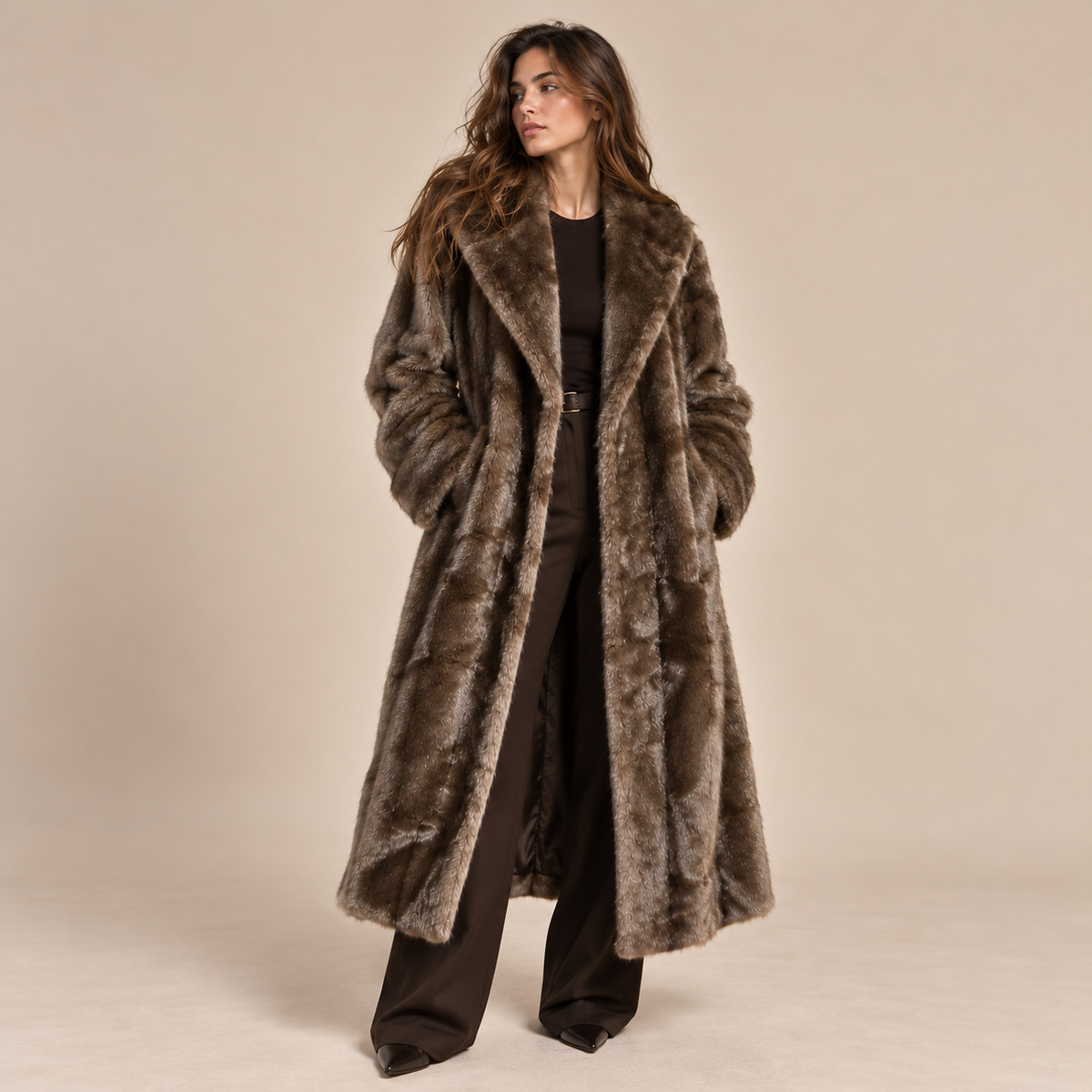 Longline Faux Fur Coat in Brown, model front view