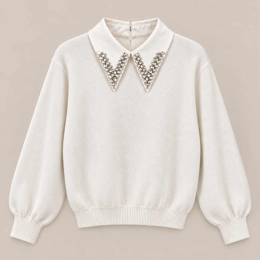 Embellished Collar Knit Sweater in Ivory, product view