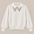 Embellished Collar Knit Sweater in Ivory, product view