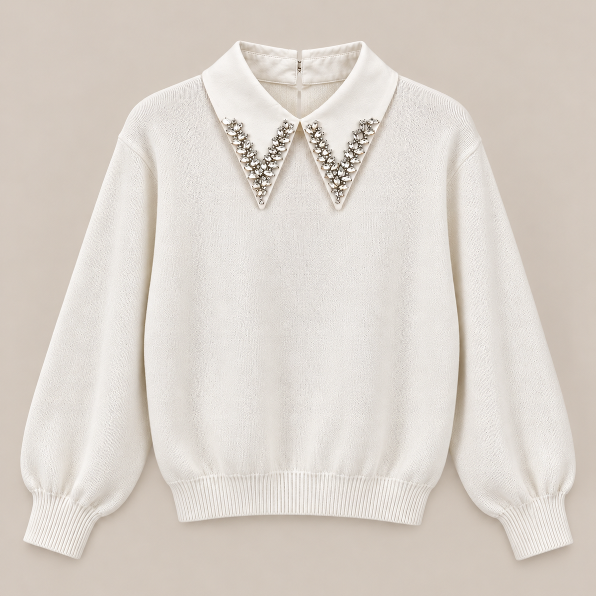 Embellished Collar Knit Sweater in Ivory, product view