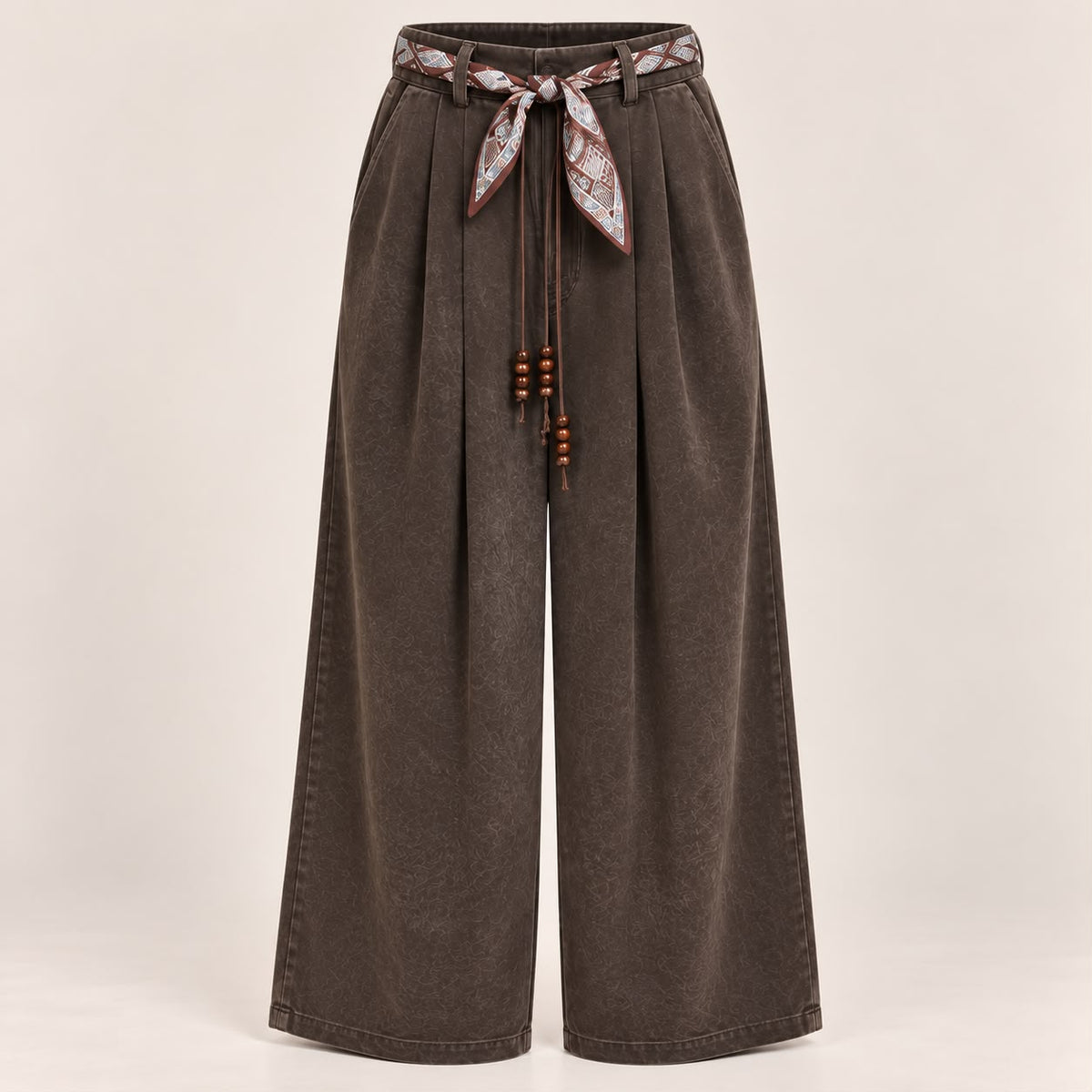 Velvet-Touch Wide-Leg Pants With Scarf Belt in Brown, product view
