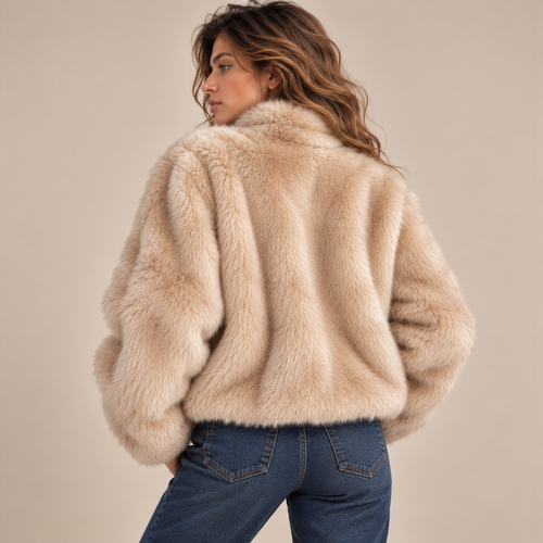 Cropped Faux Fur Zip-Up Jacket in Beige, model back view