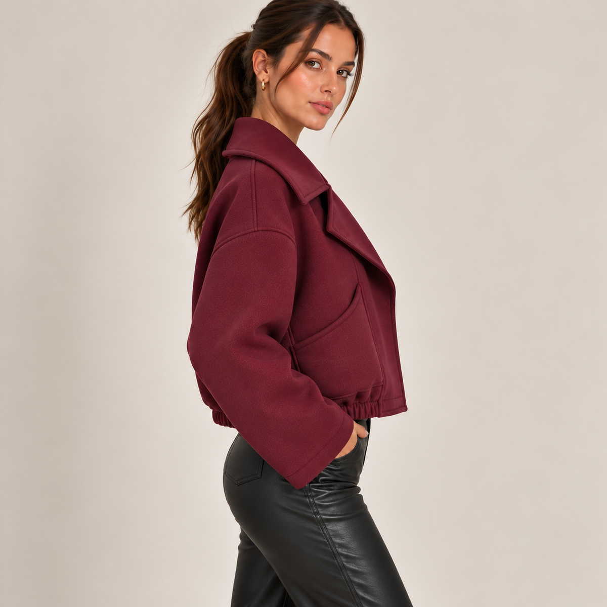 Cropped Double-Breasted Jacket With Wide Lapels in Burgundy, side view