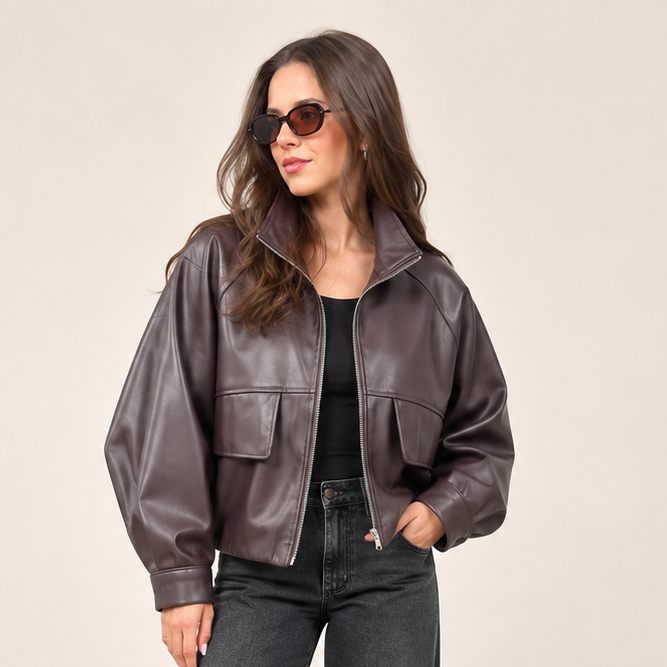 Faux Leather Utility Jacket in Plum, front view