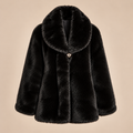 Faux Fur Shawl Collar Coat With Gold Button in Black, product front view
