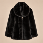 Faux Fur Shawl Collar Coat With Gold Button in Black, product front view