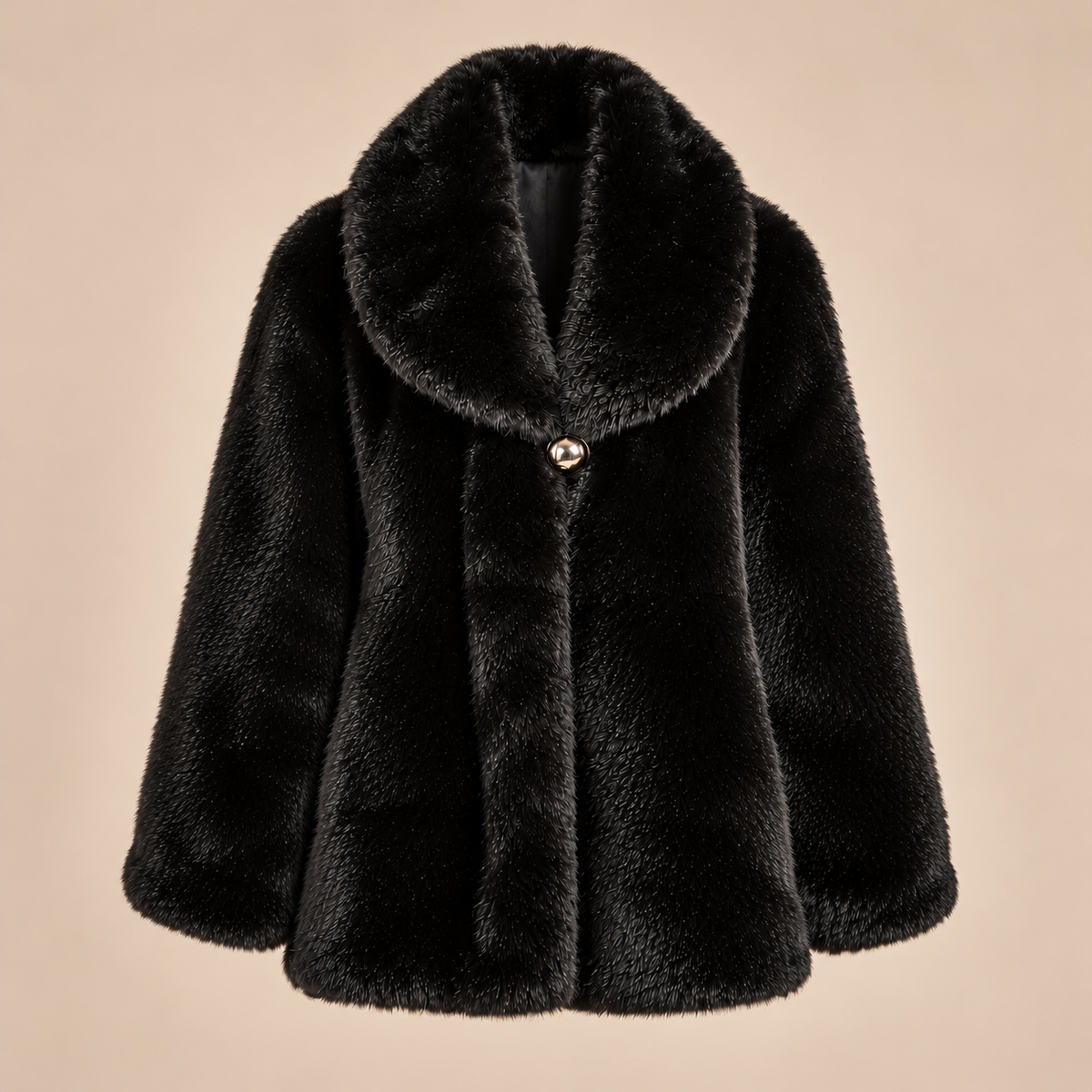 Faux Fur Shawl Collar Coat With Gold Button in Black, product front view