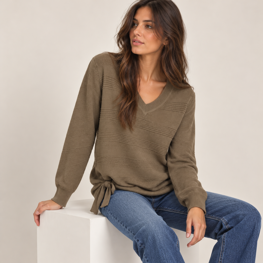Side-Tie Textured V-Neck Sweater in Olive, model view