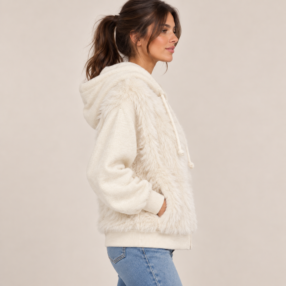 Faux Fur Hooded Zip-Up Jacket in White, side view