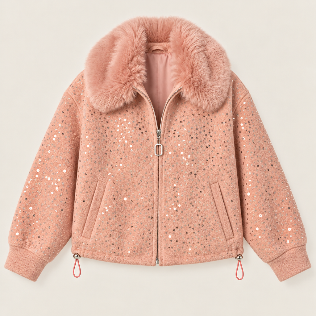 Sequin Bomber Jacket With Faux Fur Collar in Pink, product view