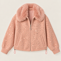 Sequin Bomber Jacket With Faux Fur Collar in Pink, product view