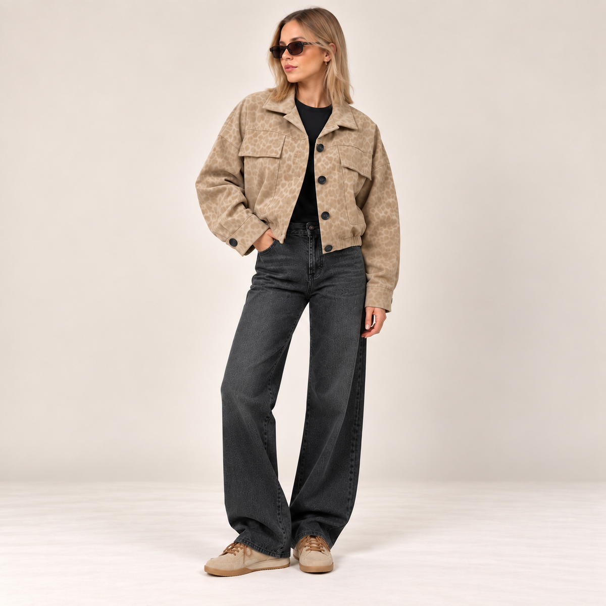 Cropped Tonal Leopard Jacket in Beige, alternate front view