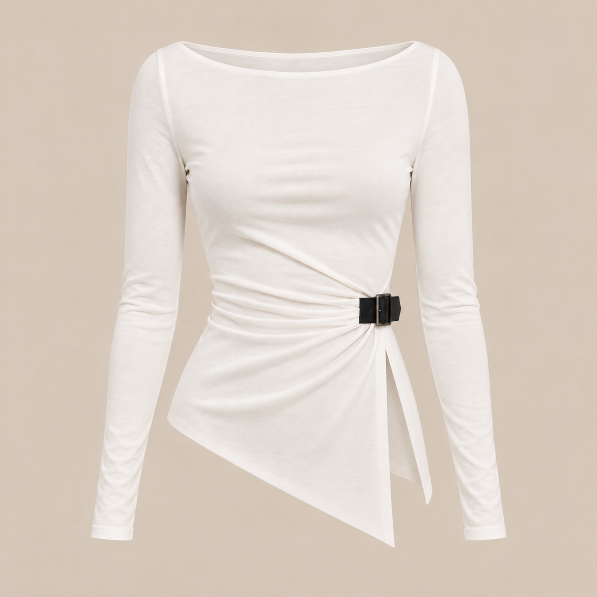 Asymmetric Buckle Knit Top in White, product view