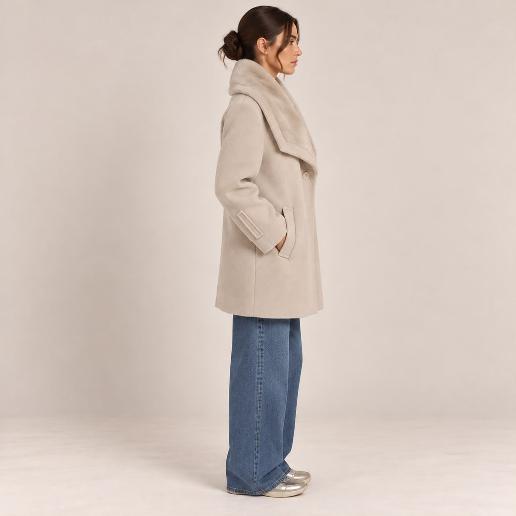 Faux Fur Collar Coat in Beige, side view