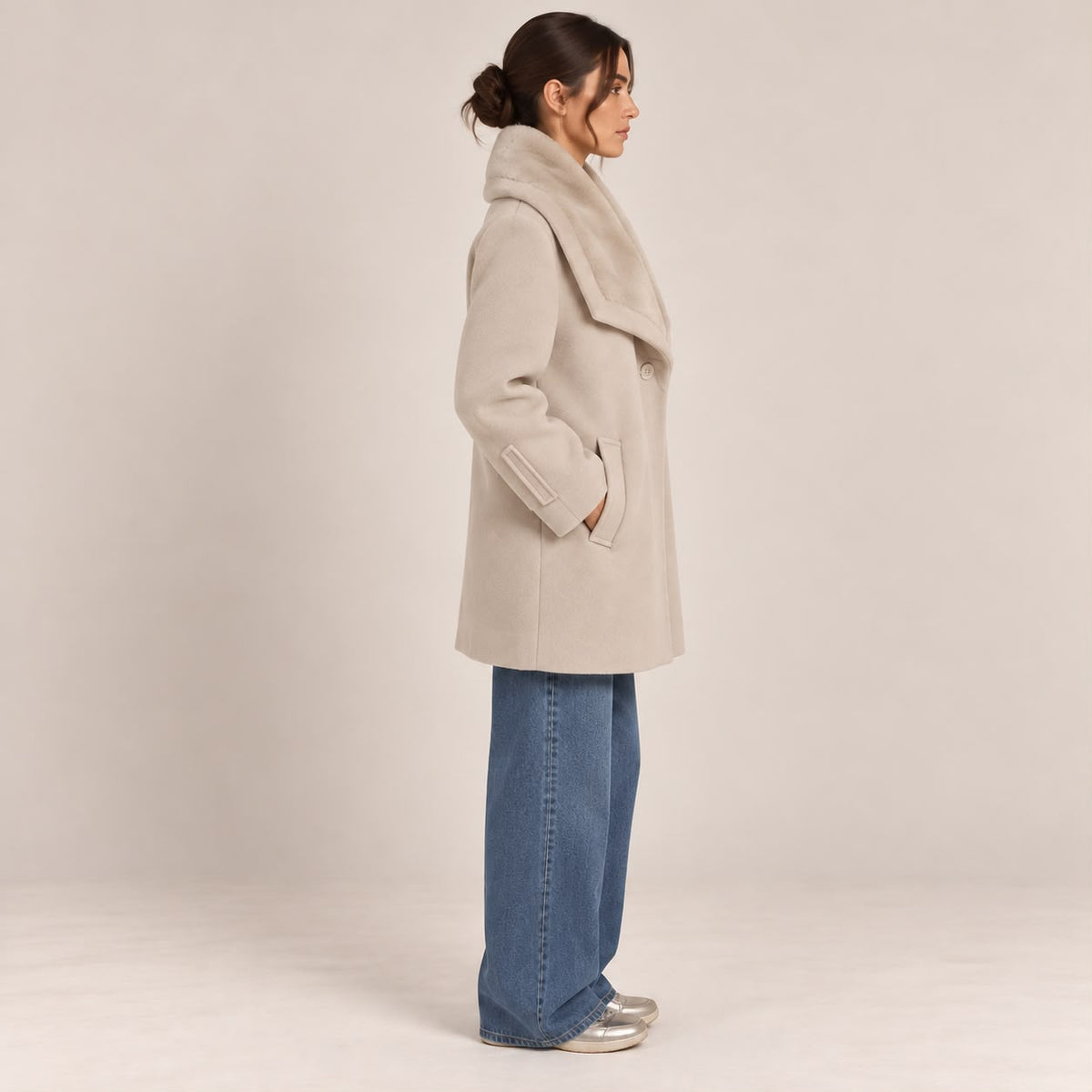 Faux Fur Collar Coat in Beige, side view
