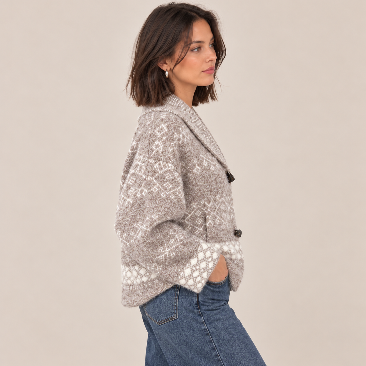 Nordic Knit Shawl Collar Cardigan in Beige and White, side view