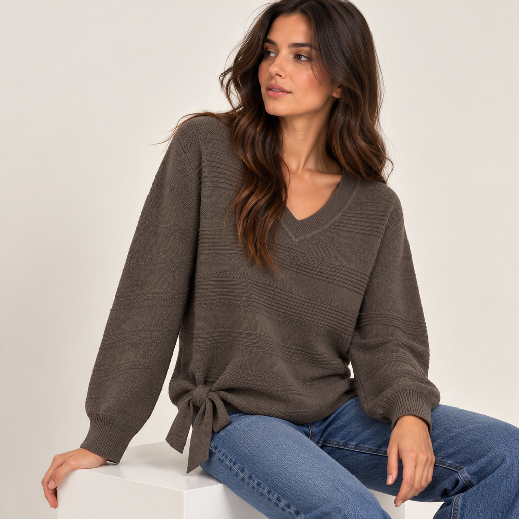 Side-Tie Textured V-Neck Sweater in Mocha, model view