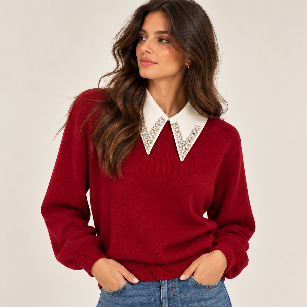 Embellished Collar Knit Sweater in Red, model view